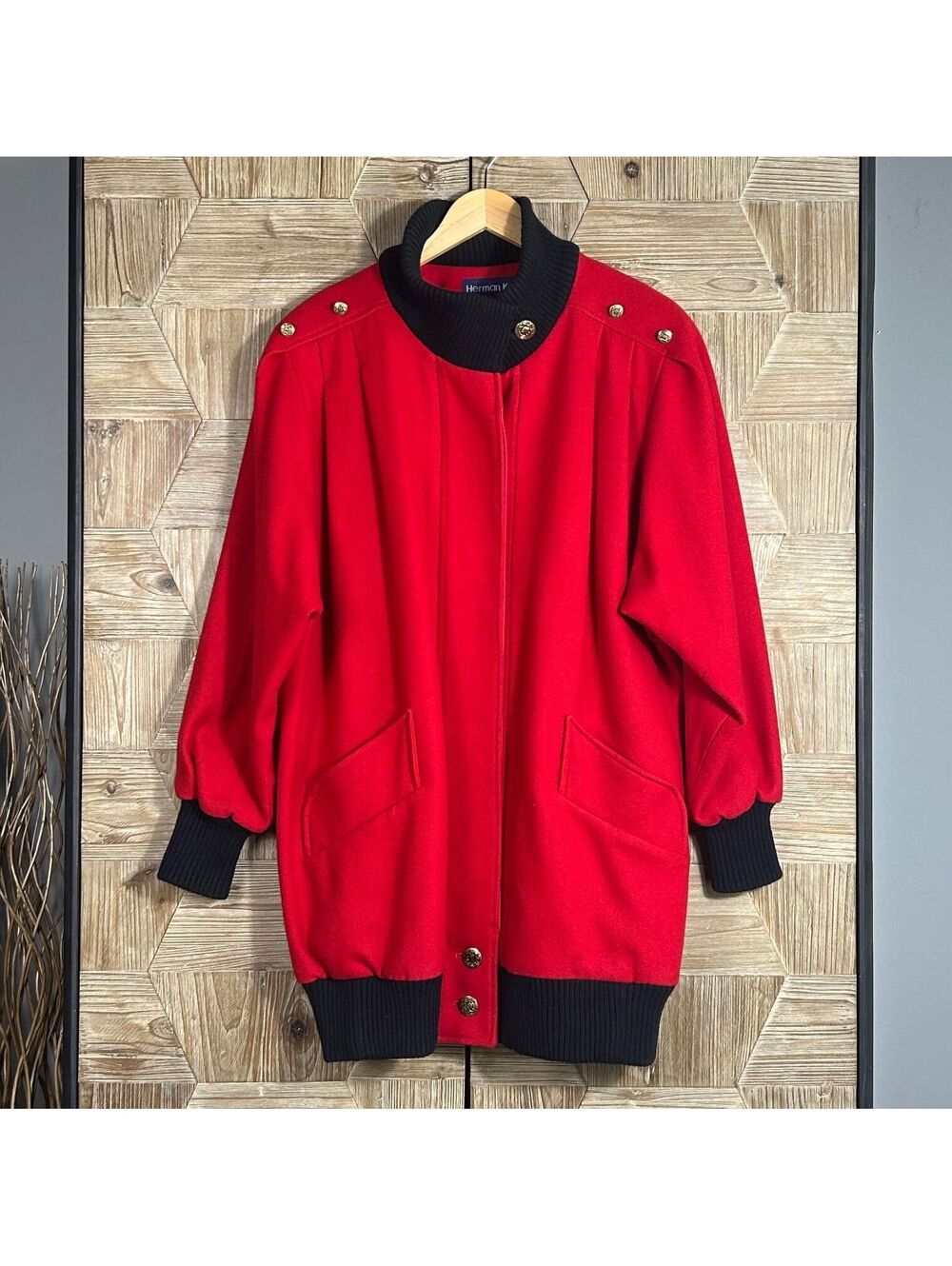 Herman Kay Vintage 80s Vintage Red Wool Blend Long Coat Black Trim Size 12